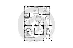 2D CAD house layout plan drawing with 3 bedrooms complete with 2 bathrooms, balcony, furniture, kitchen, living room porch and fur