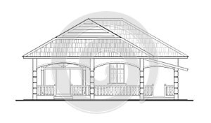 2D CAD single storey house external elevation drawing complete with facade decoration, window and door.