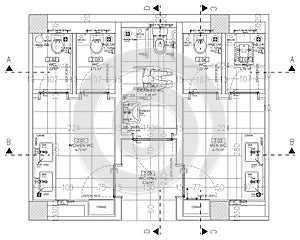Floor plan design of a public wc, detailed project, architectural plan layout, technical drawing of restrooms, bathroom blueprint