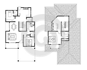 2D CAD 2 story house layout plan drawing with 3 bedrooms complete with 2 bathrooms, balcony, furniture, kitchen, living room porch