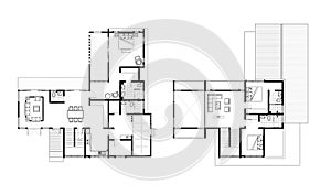 2D CAD 2 story luxury residential layout plan drawing with 4 bedrooms complete with 2 bathrooms, balcony, furniture, kitchen, livi