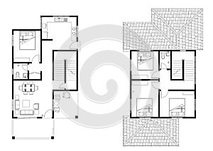 2D CAD 2 story house layout plan drawing with bedrooms complete with 2 bathrooms, balcony, furniture, kitchen, living room porch a