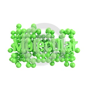 Model of abstract molecular structure with word lettering in green color. Isolated on white background. 3d render