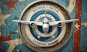 A model airplane is on display on a wall with a target on it.