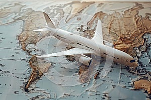 a model airplane is sitting on top of a map of the world