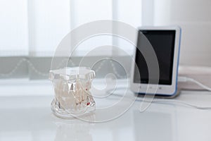 Model of artificial jaw on the table in the dental office