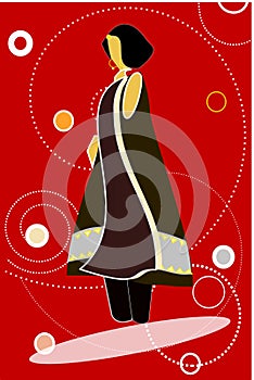 Model in black dress against red background