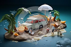 Model of car on island with four figures of man. Generative AI