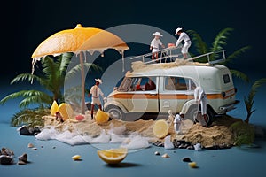 Model of car on island with four figures of man. Generative AI