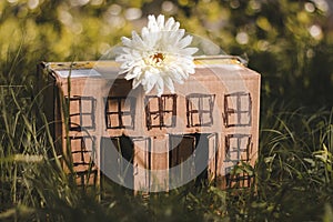 Model of cardboard house with flower