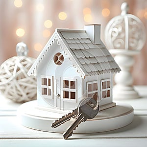 Model of cardboard house with key against bokeh background. house building, loan, real estate or buying a new home