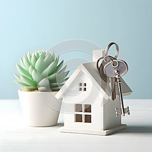 Model of cardboard house with key against bokeh background. house building, loan, real estate or buying a new home