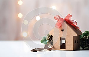 Model of cardboard house with key against bokeh background. house building, loan, real estate or buying a new home