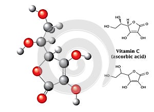 Model and chemical formulas and of ascorbic acid (vitamin C, E300)