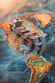A model of a container ship on a world map