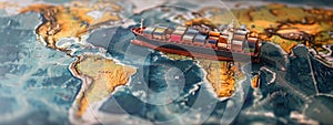 A model of a container ship on a world map