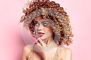 Model curly hair Party disco puzzled look background