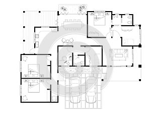 Model2D CAD house layout plan drawing with 3 large bedrooms and 2 small bedroom complete with 2 bathrooms, balcony, furniture, kit