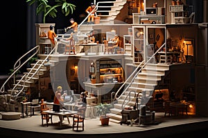 A model of a doll house with a staircase created with generative AI technology