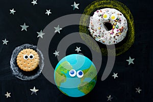 model of the Earth, Sun and Moon with googly eyes on the chalkboard, a donut, a globe and a cookie on the chalkboard