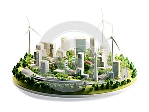 Model of eco city with ecology electric energy, isolated on white background, isometric view, ecology concept, realistic design