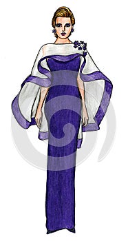Model in an Elegant Purple and White Dress Fashion Illustration