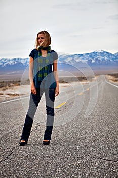 Model on an empty road