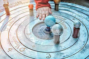 Model of geocentric solar system. The ancient idea of the rotation of the planets, the moon and the sun around the earth