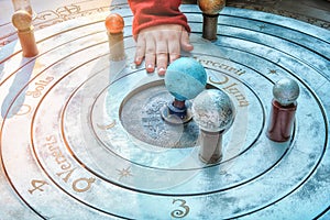 Model of geocentric solar system. The ancient idea of the rotation of the planets, the moon and the sun around the earth photo