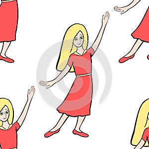 Model of a girl raising her hand. vector illustration
