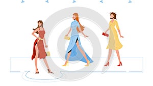 Model Girls Wear Fashion Apparel On Podium Vector