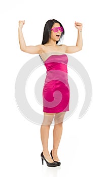 Model happy successful arms in the air