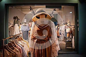 A model without head wearing new dress and a hat at a dress store in Tainan street