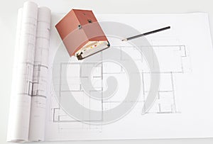 Model house on architecture construction plan