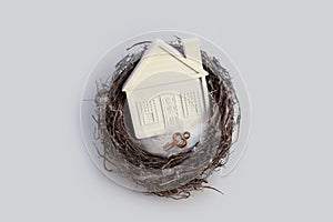 Model of a house in a bird nest. The concept of a family nest, a cozy home and a secure property, buying real estate, your own hom