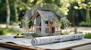 The model house on blueprint. AI generated