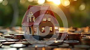 Model house on coins at sunset - generative ai