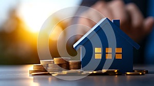 Model house and coins on a table with a warm sunset background