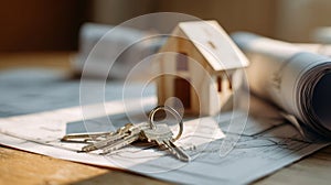 The model house and keys on architectural blueprints for real estate concept. AI generated image