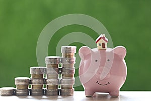 Model house on piggy bank with stack of coins money on nature green background  Saving money for new home concept