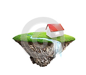 Model house in round soil ground cross section with earth land and green grass. fantasy floating island natural isolated on white