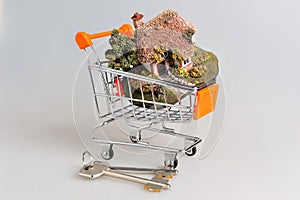 Model of house in the shopping cart next to keys on gray