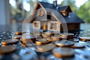 Model house surrounded by stacks of coins