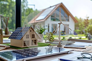 A model house surrounded by wind turbines and solar panels on the desk