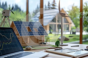 A model house surrounded by wind turbines and solar panels on the desk