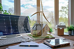 A model house surrounded by wind turbines and solar panels on the desk