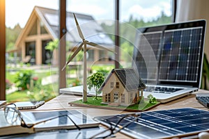 A model house surrounded by wind turbines and solar panels on the desk