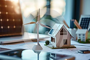 A model house surrounded by wind turbines and solar panels on the desk