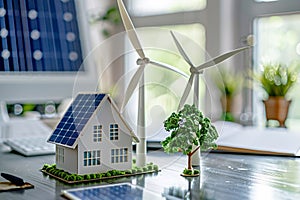 A model house surrounded by wind turbines and solar panels on the desk