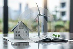 A model house surrounded by wind turbines and solar panels on the desk